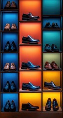 Colorful shoe display, various styles and colors, illuminated shelves