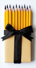A gift box of pencils tied with a black ribbon