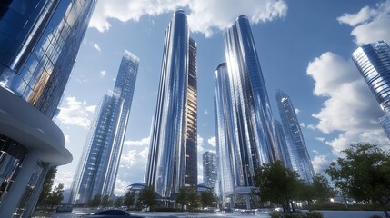 Obraz premium Modern city skyline, futuristic architecture, waterfront, sunny day, urban development, architectural rendering