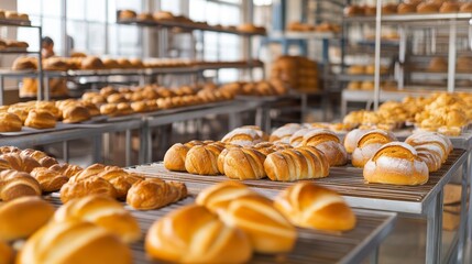 Rows of freshly baked bread and pastries on tables in a bakery.