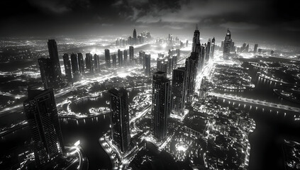 Night aerial view city skyscrapers illuminated