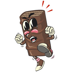 chocolate wafer cartoon mascot jumping and kicking, high-resolution isolated vector snack character illustration, perfect for dessert branding, or educational materials, work of hand drawn