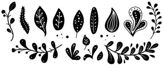 Black and white leaf patterns showcasing various plant shapes and textures