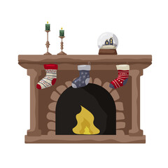 Cozy fireplace adorned with stockings and festive decorations in a winter setting
