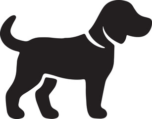 Black silhouette of a standing dog with a wagging tail, perfect for joyful pet designs, canine illustrations, or logos, offering a lively and engaging image for commercial or pet-related projects