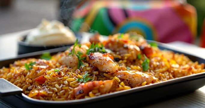 Close-up of a sizzling seafood paella in a black rectangular dish, garnished with parsley. A small bowl of aioli is in the background, and a blurred colorful textile is visible