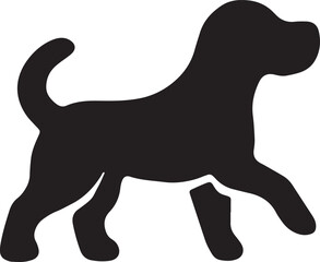 Black silhouette of a standing dog with a wagging tail, perfect for joyful pet designs, canine illustrations, or logos, offering a lively and engaging image for commercial or pet-related projects
