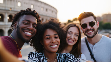 Fototapeta premium Group of smiling friends taking a selfie in front of a famous historic landmark. 