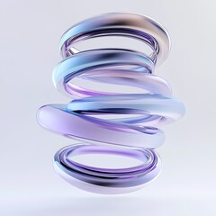 Metallic fluid rings layered in spirals with gradients of lavender to steel blue, levitating above white 

