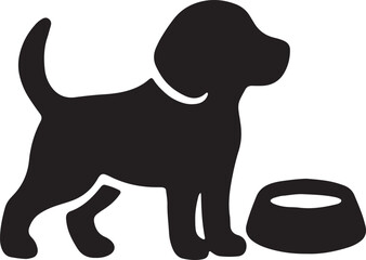 Black silhouette of a dog with a food bowl, ideal for pet care designs, canine illustrations, or logos, providing a practical and engaging image for commercial or pet-related creative works
