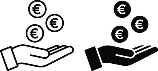 Two hands holding euro coins in black and white vector illustration