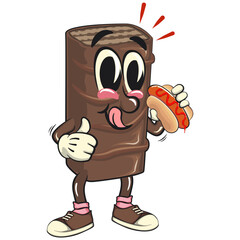 chocolate wafer cartoon mascot carrying a hotdog while giving a thumbs up, high-resolution isolated vector snack character illustration, perfect for dessert branding, work of hand drawn