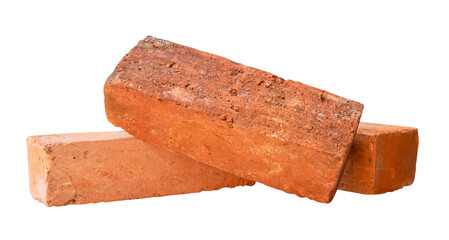 Side view of three cracked old red or orange bricks in stack isolated with clipping path in png file format