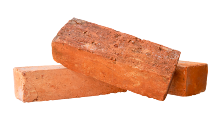 Side view of three cracked old red or orange bricks in stack isolated with clipping path in png file format