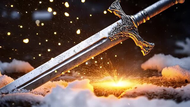 Close Up Of A Silver Sword Embedded In White Snow With Sparks and A Dark Background