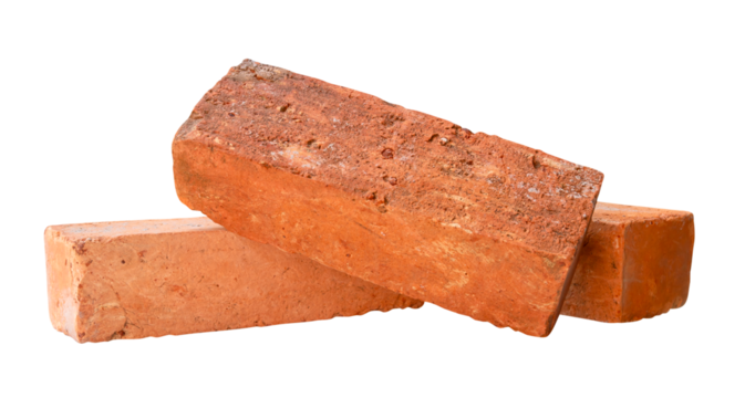 Side view of three cracked old red or orange bricks in stack isolated with clipping path in png file format