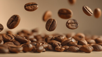 Floating coffee beans in warm tones, a serene horizontal arrangement celebrating simplicity and natural beauty.