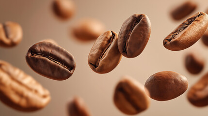 Fototapeta premium Floating coffee beans in warm tones, a serene horizontal arrangement celebrating simplicity and natural beauty.