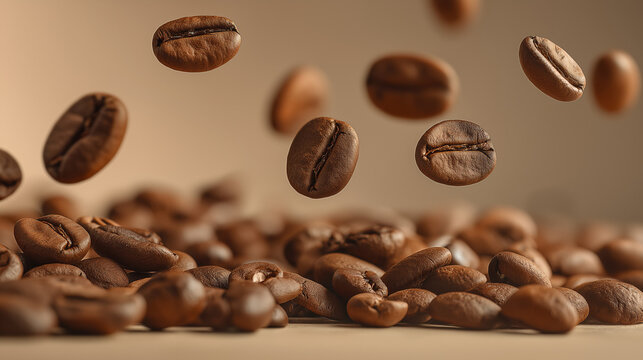 Floating coffee beans in warm tones, a serene horizontal arrangement celebrating simplicity and natural beauty.