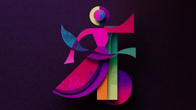 Kinetic Geometric Dancer: Neon pink/blue/green shards dance across violet field, radiating artistic energy. Perfect for brand revitalization, experiential installations, or digital collectible designs