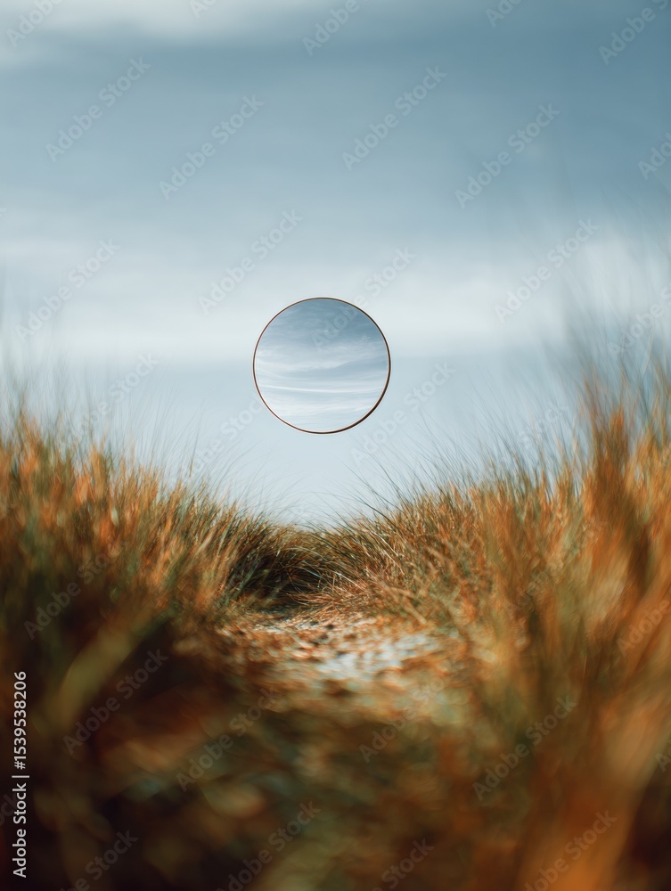 Poster self-reflection mirror floating amidst vibrant grass in an abstract landscape under a cloudy sky