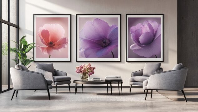 Three framed flower prints in muted pinks & purples hang on a wall in a modern living room