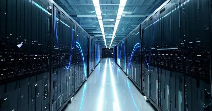 Server room walkthrough with blue light streaks moving across black server panels, camera gliding slowly forward through a clean tech environment with flowing light patterns