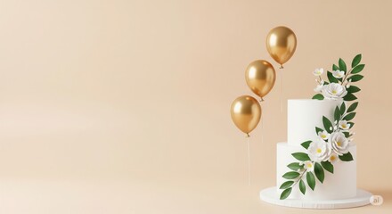 A Two Tier Cake With Gold Balloons and Greenery