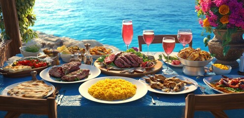 Oceanside feast with grilled meats, seafood, and sides, alongside drinks and flowers