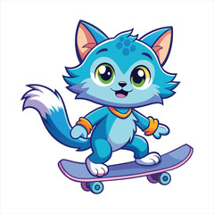 Cute Blue Cat Skateboarder Cartoon