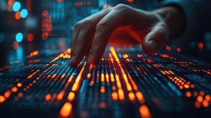 Hand interacting with futuristic digital data.