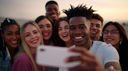 Group of diverse friends smiling and taking a selfie together on the beach at sunset.
