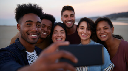 Obraz premium Group of diverse friends smiling and taking a selfie together on the beach at sunset. 