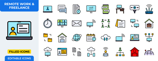 Remote Work & Freelance Vector Icon Set - Filled Icons - Laptop, chat, document, monitor, video call, desk, camera, router, clock, email, internet, networking, folder, home office, global, calendar