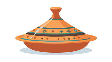 A digital illustration of a traditional Moroccan tagine pot. The pot is orange with geometric patterns in teal, brown, and black around the middle of the conical lid. The illustration is clean and