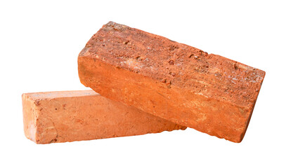 Side view of two cracked old red or orange bricks in stack isolated with clipping path in png file...