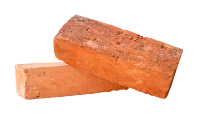 Side view of two cracked old red or orange bricks in stack isolated with clipping path in png file format