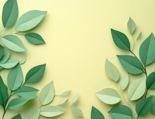 Pastel green paper leaves frame a pale yellow background