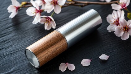 Cylindrical container, silver and wood, with cherry blossoms