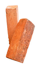 Side view of two cracked old red or orange bricks in stack isolated on white background with clipping path