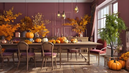 A room with a table full of pumpkins and a chair