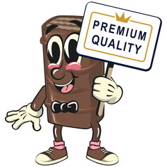 chocolate wafer cartoon mascot with a sign that says premium quality, high-resolution isolated vector snack character illustration, perfect for dessert branding, work of hand drawn