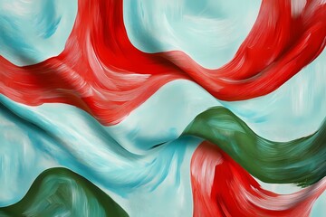 Multidirectional strokes of rich oils in overlapping red, green, and light blue patterns on fabric canvas, 