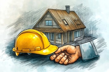 Close up yellow safety helmet on the table and contractor and customer shaking hands after confirm to build home., Generative AI