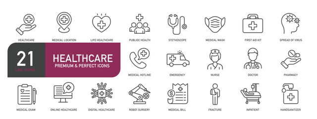Set of line icons related to healthcare, medical, hospital, doctor. Outline icons collection. Editable stroke. Vector illustration