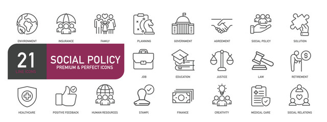 Set of line icons related to social policy, public, government, . Outline icons collection. Editable stroke. Vector illustration