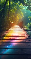 Wooden bridge pathway leads into a vibrant forest