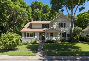 Charming two-story suburban house with beige siding, black shutters, and gable roof. Surrounded by lush green trees and well-kept lawn under a clear blue sky, front view.