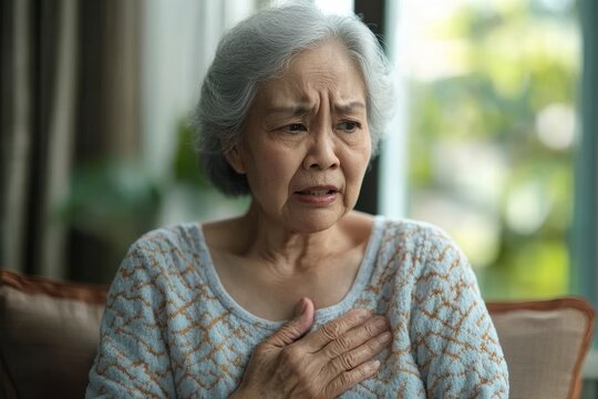 Asian elderly grabbing her chest and feeling pain from heart attack suddenly at home., Generative AI