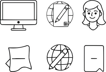 "Online Education Icon Set with Computer, Student, Notes, and Global Learning Symbols"